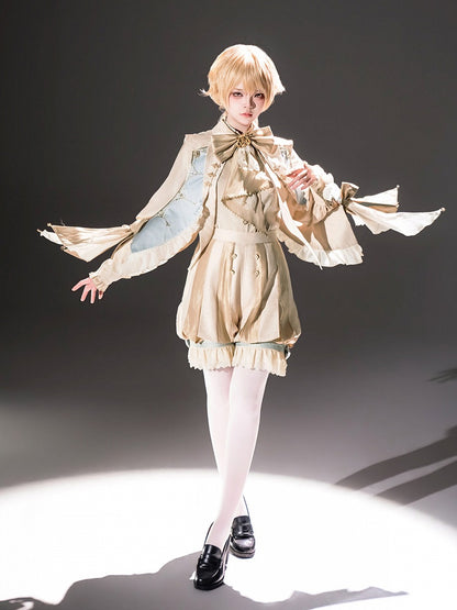 Bishop Sleeve Ouji Shirt and Striped Shorts Set with Angel Wing Collar - Unknown Star
