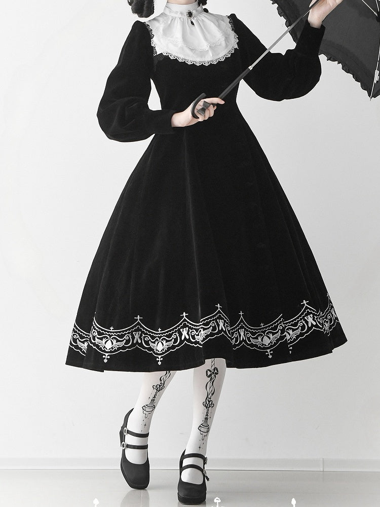 for Black Winter Autumn Details Nun and Embroidery Sleeves Lolita Velvet Dress Long