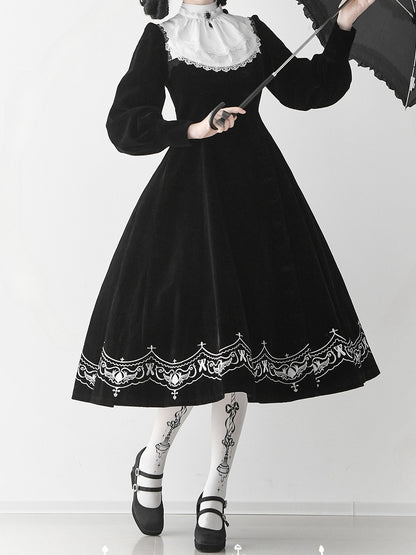 for Black Winter Autumn Details Nun and Embroidery Sleeves Lolita Velvet Dress Long
