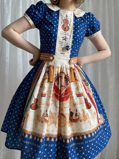 Short Dark Blue Musical Print Peter Pan Collar OP Dress with Tassels - Crucis Universal Tailor Company