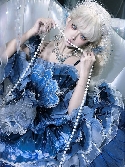 Ruffles Accents Lolita Jellyfish-Inspired Blue Full Set Dress and Bead Gradient with Layered