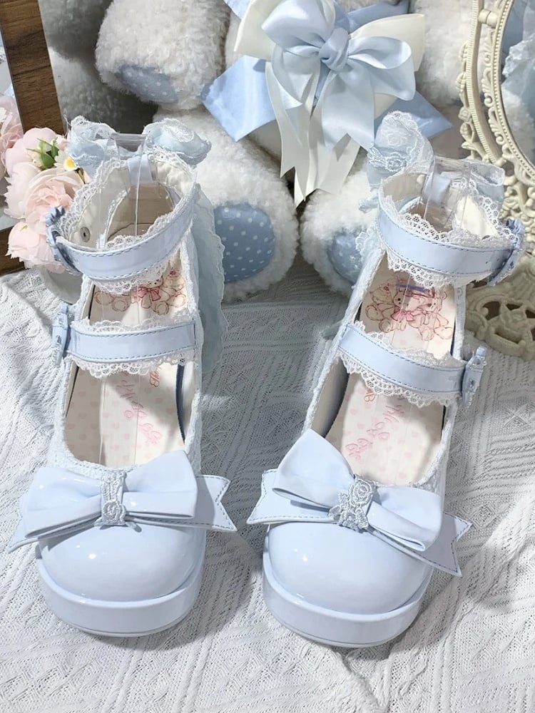 with Design Romantic Clasp in High Heels PU Openwork Lolita Sweet Floral Block Blue Heel