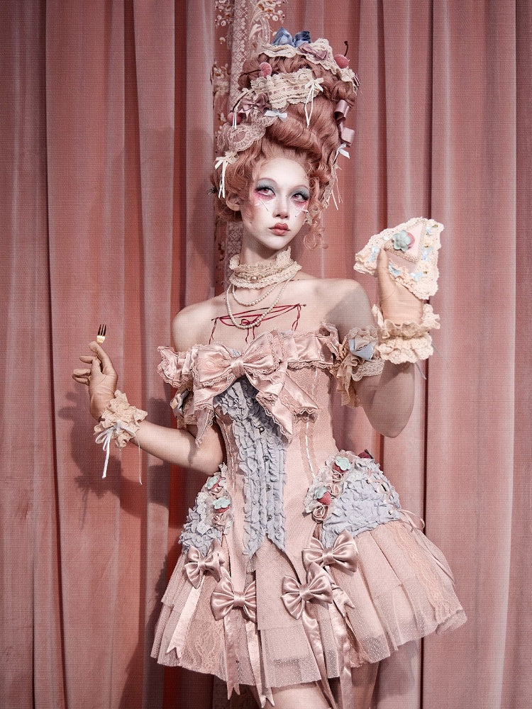 Strawberry Mousse Rococo Corset Top with Detachable Chest Bow and Shoulder Straps - Blood Supply