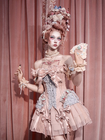 Strawberry Mousse Rococo Corset Top with Detachable Chest Bow and Shoulder Straps - Blood Supply