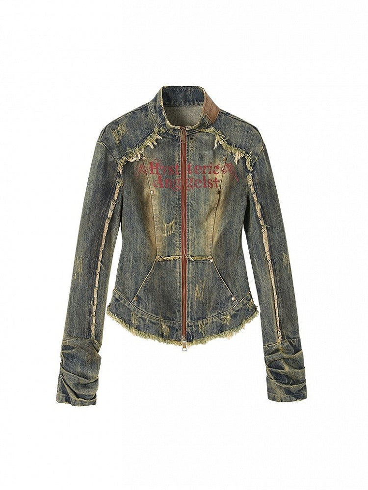 Distress with Denim Cross Red Rock Letter Blue Trim Punk Jacket Washed Patch Print