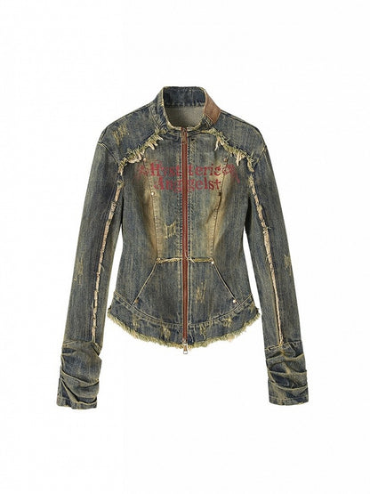 Distress with Denim Cross Red Rock Letter Blue Trim Punk Jacket Washed Patch Print