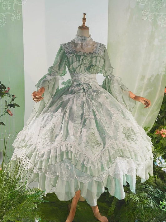 Green Accents Hanayome Ruffles Long Rose Version Layered Dress Light Lolita JSK with Flowing