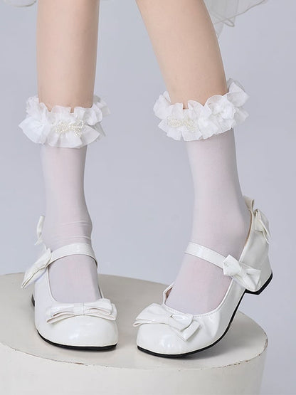 Calf Ruffled Sweet Bowknot with Decoration Socks Lolita White/Pink Beaded