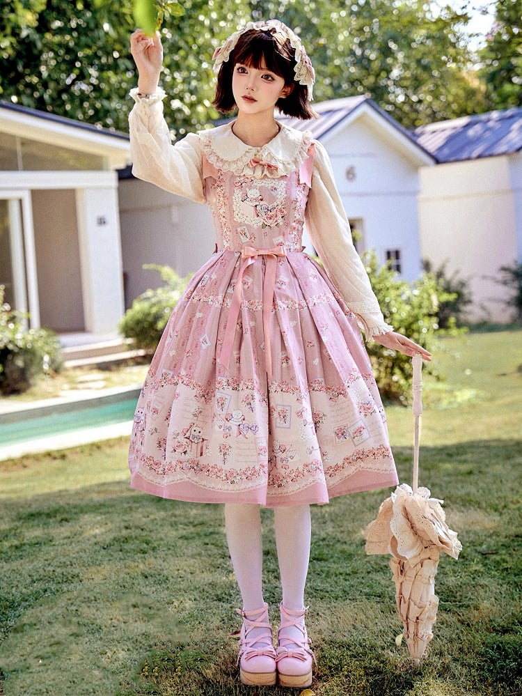 キティと花柄のピンクのスイートロリータジャンパースカート