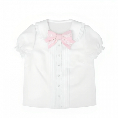 ピーターパンカラーのパフスリーブロリータブラウス、ピンク、蝶結び、ホワイト