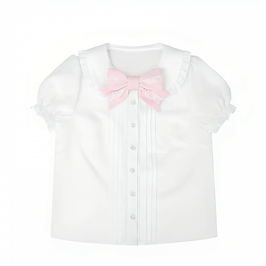 ピーターパンカラーのパフスリーブロリータブラウス、ピンク、蝶結び、ホワイト