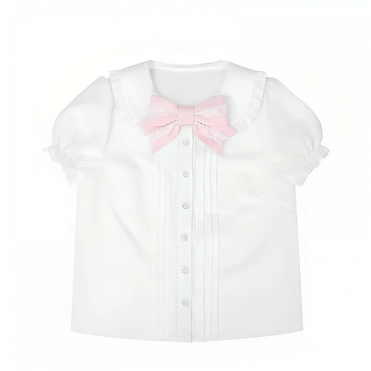 ピンクと白の蝶結びピーターパンカラーのパフスリーブロリータブラウス