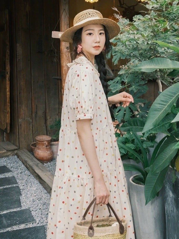 Beige Lace Trim Short Sleeve Dress with Colorful Polka Dot Print - Mori Doll