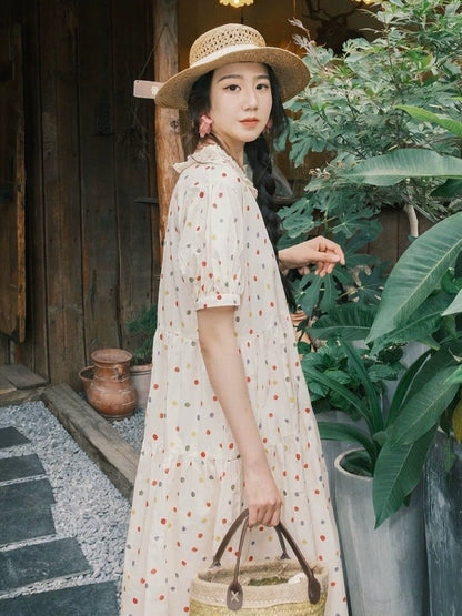 Beige Lace Trim Short Sleeve Dress with Colorful Polka Dot Print - Mori Doll