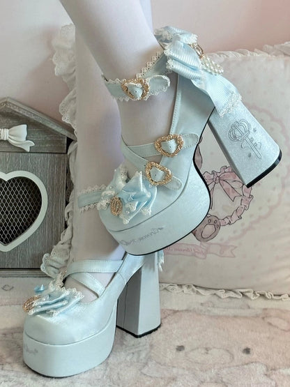 Platform Lolita Janes Satin Blue Crown Block Heel Details - High Sweet Mary