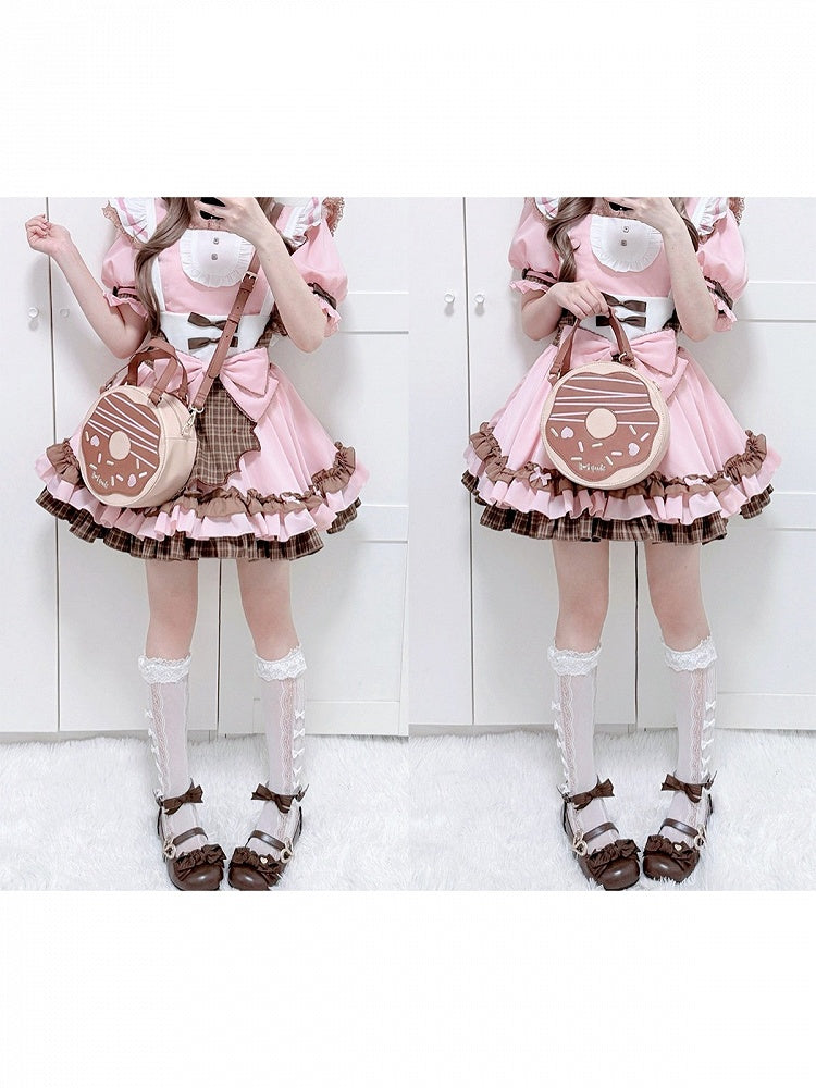 Chocolate Donut Round Lolita Bag with Crossbody Strap and Top Handle - Sheep Puff Bag