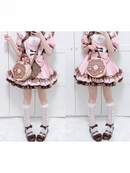 Chocolate Donut Round Lolita Bag with Crossbody Strap and Top Handle - Sheep Puff Bag