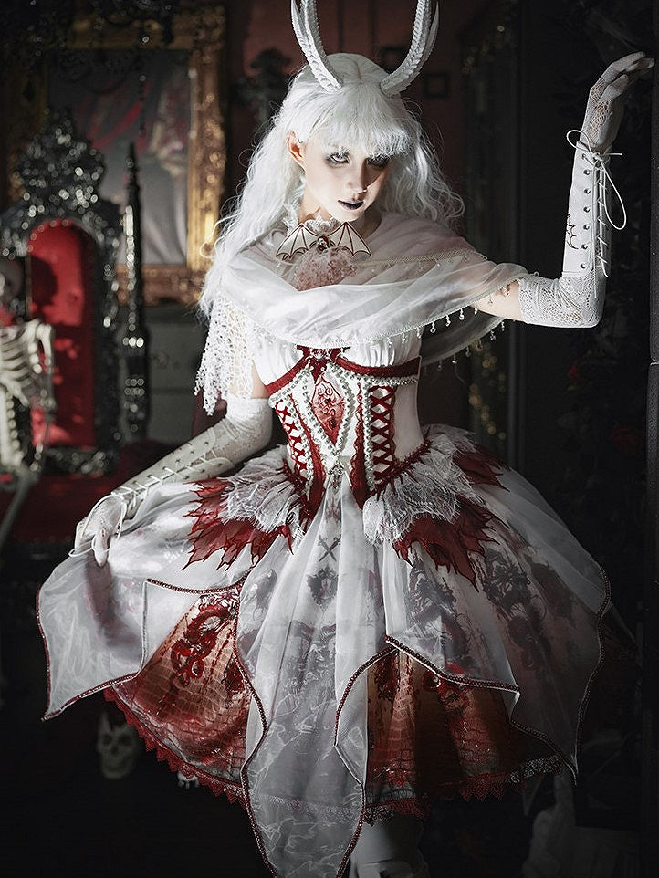 Red & White Bone Dragon Embroidery Halter Neck Gothic Lolita Dress Set - Ying Luo Fu