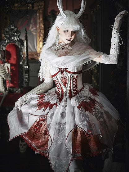 Red & White Bone Dragon Embroidery Halter Neck Gothic Lolita Dress Set - Ying Luo Fu