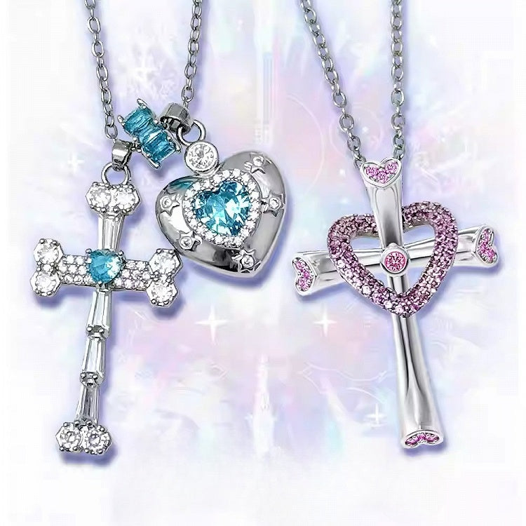 And Necklace Bittersweet Y2K Heart Cross Pendant Pink/Blue/Green Rhinestone