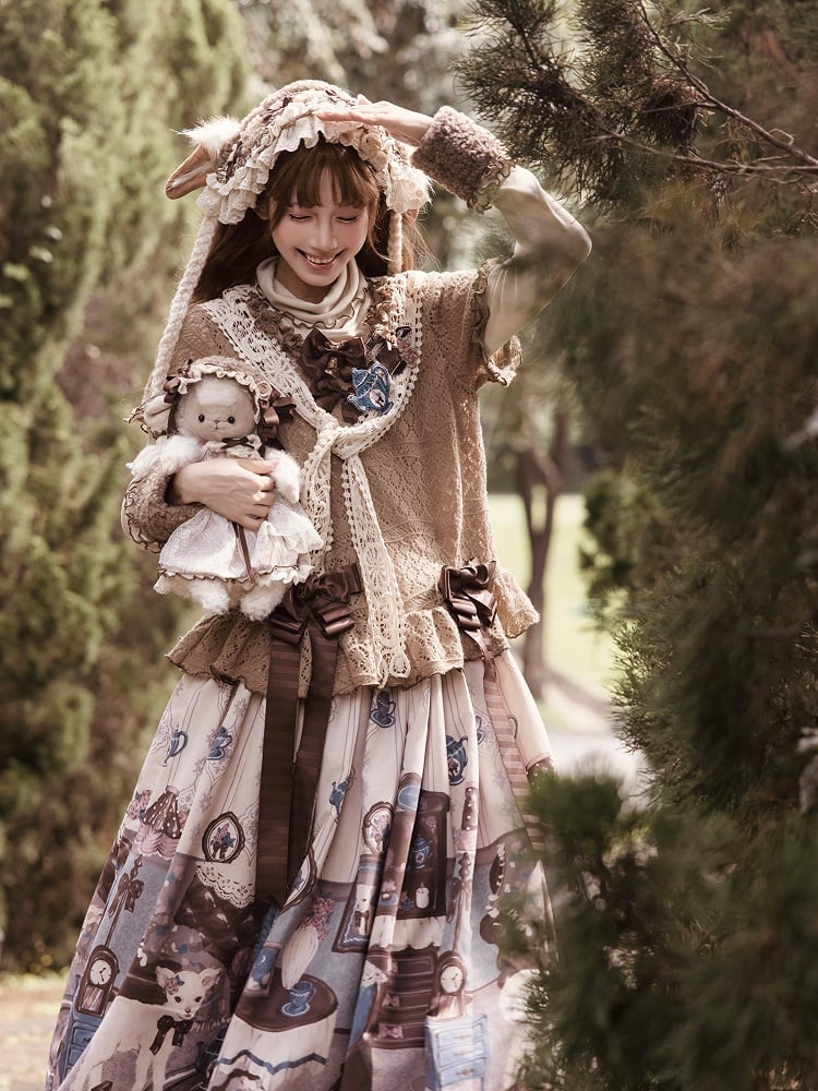 Top Lace-Knit Light Sleeves Lolita Brown Short