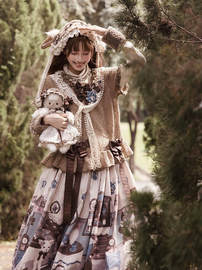 Top Lace-Knit Light Sleeves Lolita Brown Short