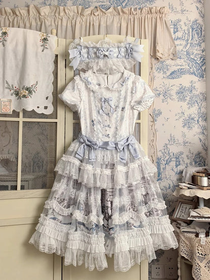 White Layered Lace Lolita Overlay with Blue Bowknots - Meng Fu Zi