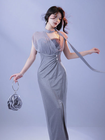Elegant High Waist Long Dress with Side Slit and Concealed Zipper - sijinstudio