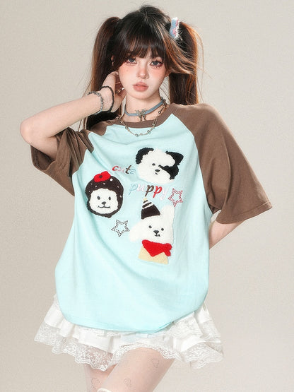 T-Shirt Plüsch Kawaii Beige/Blau Welpe Buchstaben Applikation Stickerei Alltag