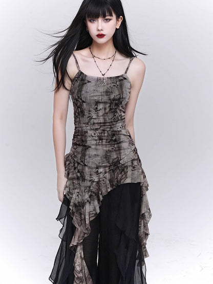 Asymmetrical Top with Ruched Brown Cami Hem Glamorous Flounce Waist