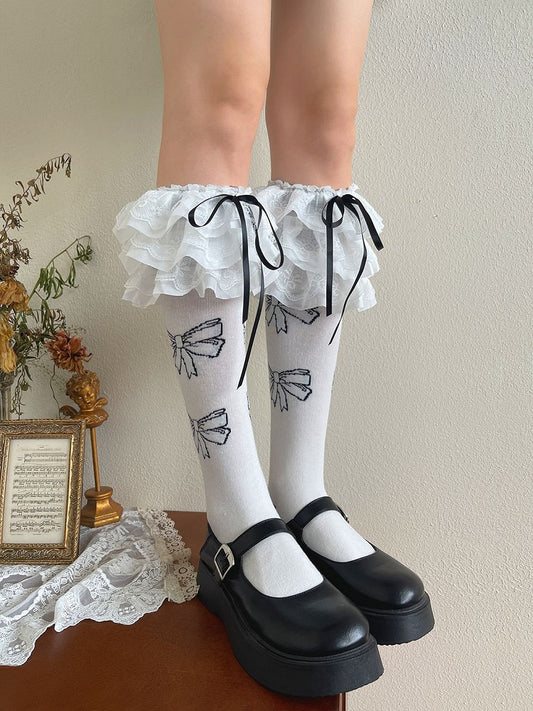 White/Black Stockings Bowknot Decorated Lace Trim Lolita Underknee
