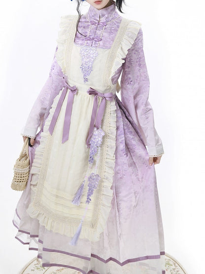 Beige Print Charm Dress Tassel Lolita Han Apron Floral Wisteria Purple + Beaded with