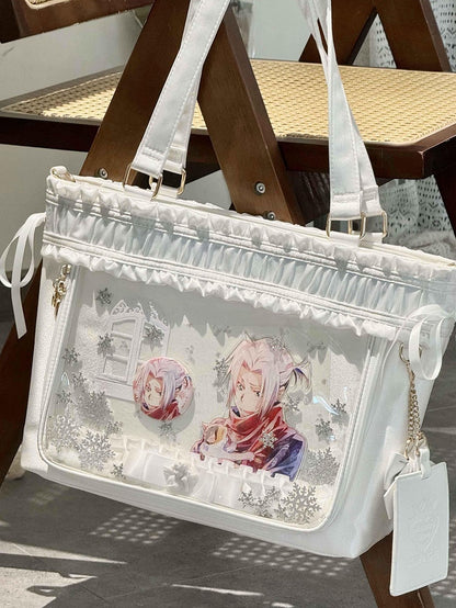 Ruffled Trim Ita Bag Ribbon Bow Large White Capacity Tote