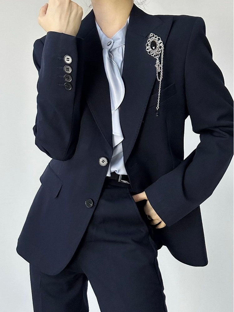 Pocket Chest Lolita Unisex Vintage with Blue Dark Blazer Slim-fitting Ouji