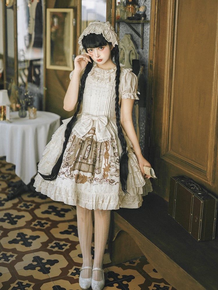 Bunny Print Ruffle Neckline Dress with Lace Details - NnSTAR