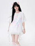 Bowknots Print Loose with Cascading Ruffle Accents Bittersweet T-Shirt White