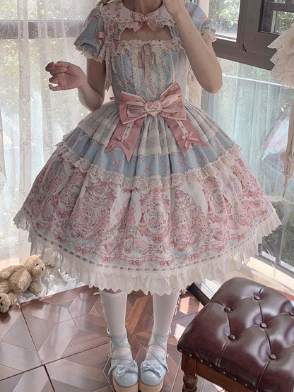 Peter Pan Collar Short-Sleeve OP Dress in Sweet Blue & Pink with Toy Bed Print - Alice Girl