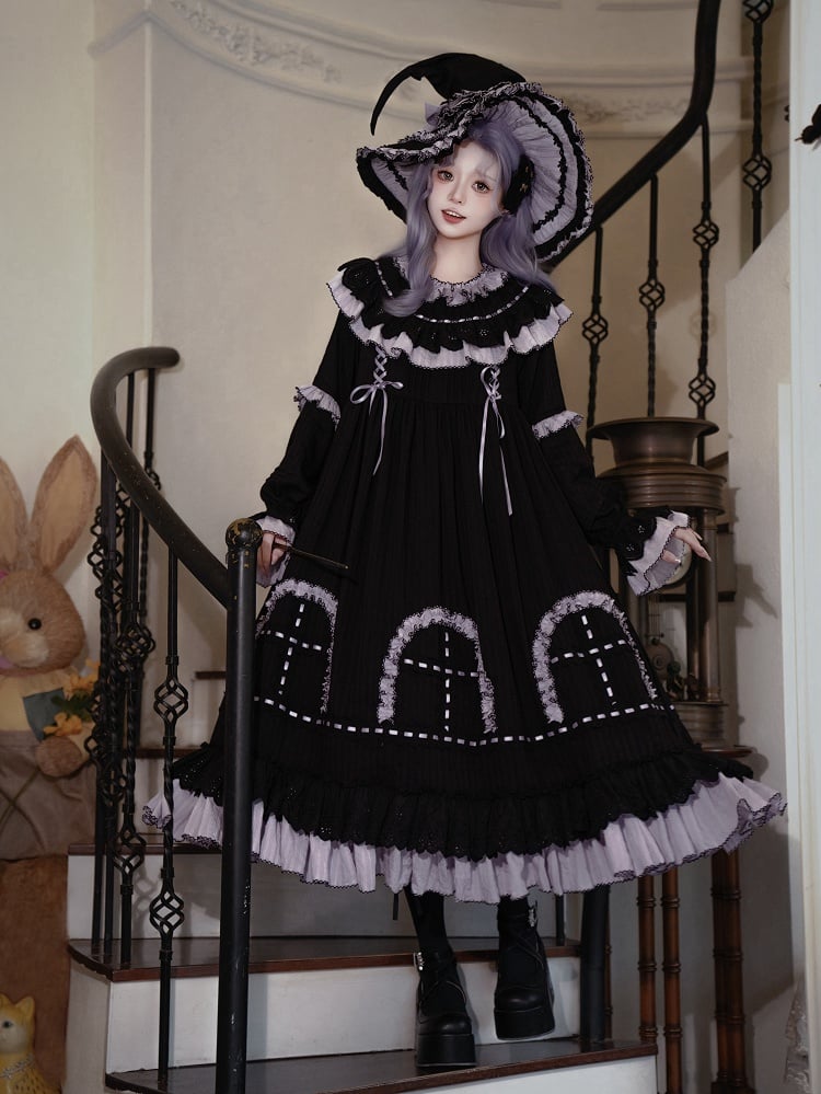 Purple Lolita Black Ruffle Gothic Dress Sleeves Sash Details Long and with Witchy