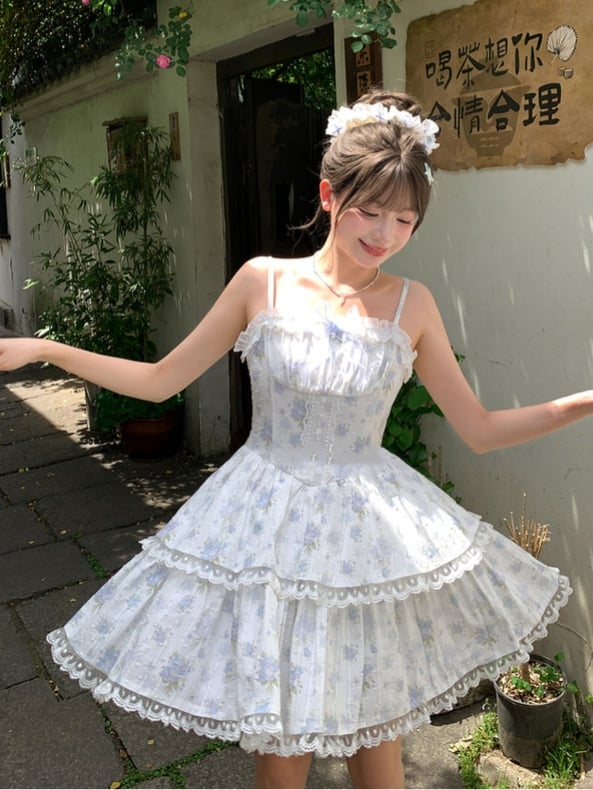 Short Skirt Floral Light Blue Lace Trim Tiered Cami Dress with Version Back Lace-up