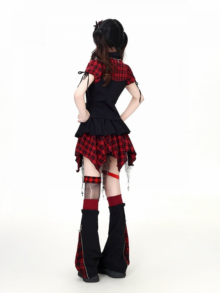 Sweet Edgy Kawaii Red Black Plaid Asymmetrical Hem Skirt - CRAZY GIRL