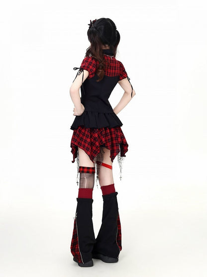 Sweet Edgy Kawaii Red Black Plaid Asymmetrical Hem Skirt - CRAZY GIRL