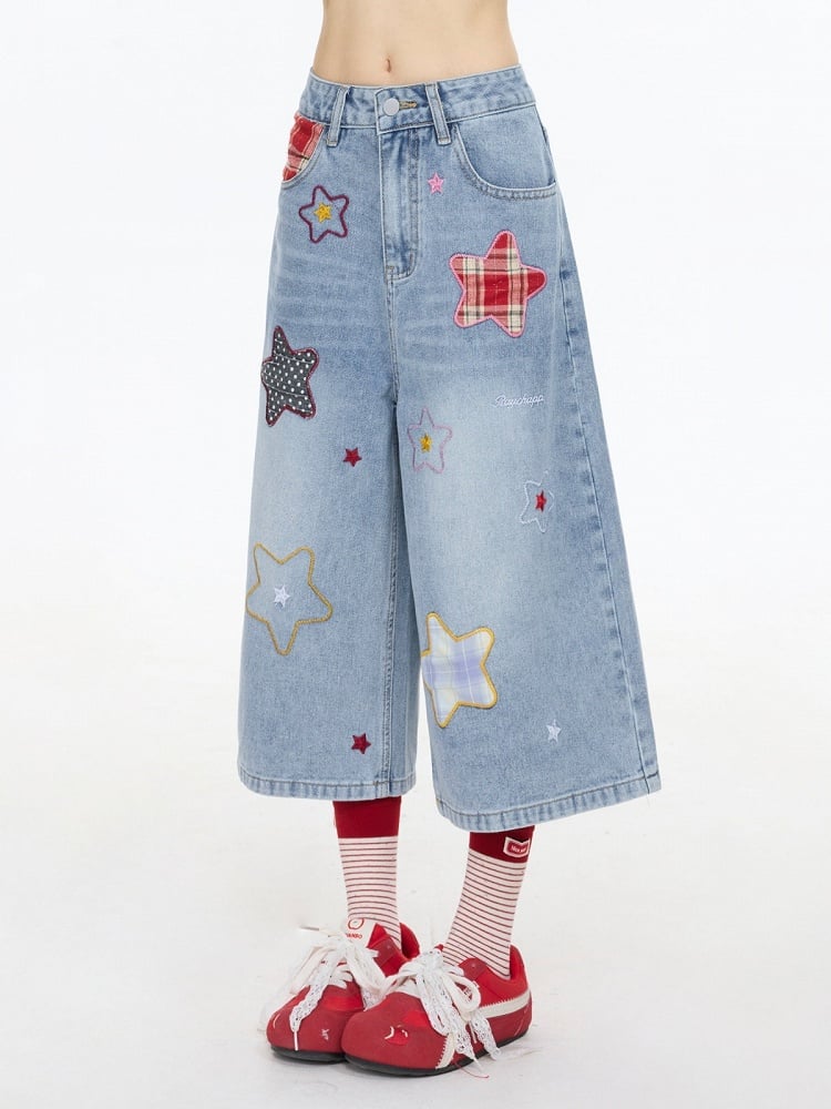 Cute Light Blue Cropped Wide-Leg Denim with Star Patches - Rayohopp