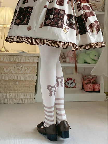 ブラウン/ピンクのウサギとクマのストライプ柄のスイートロリータタイツ