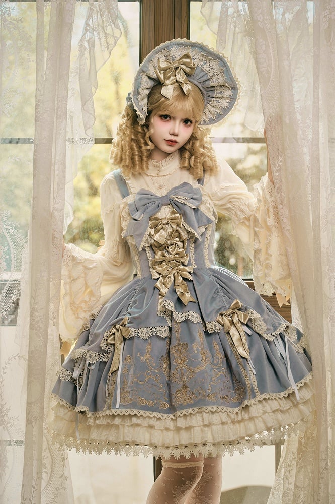 Blue Velvet JSK Dress Lolita Embroidery Bows Decoration Candle /