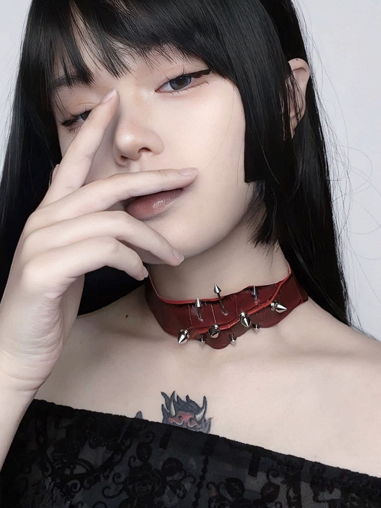 PU Punk Rivet Decorated Choker Red