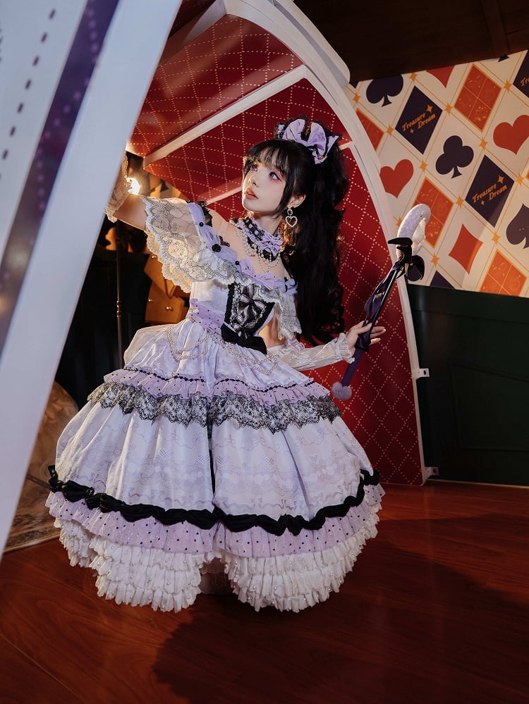 KC Wrist Cuffs Lolita Full Shoulder Choker Veil Set + Dress Mini Off Hime Purple Hat