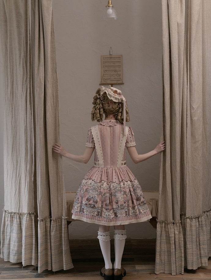 Dress Bear Neckline Pink Print Dropped Lolita Sweet Waist Ruffle