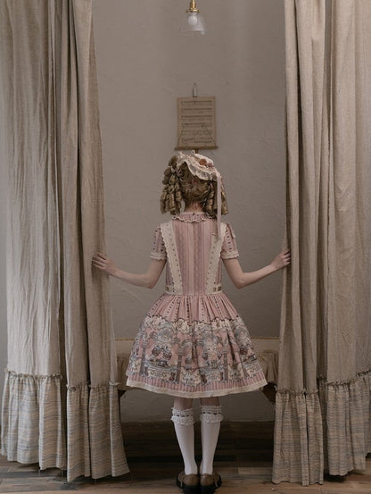 Dress Bear Neckline Pink Print Dropped Lolita Sweet Waist Ruffle