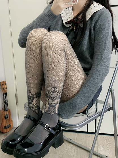 ブラック Y2K 花柄 くり抜きタイツ