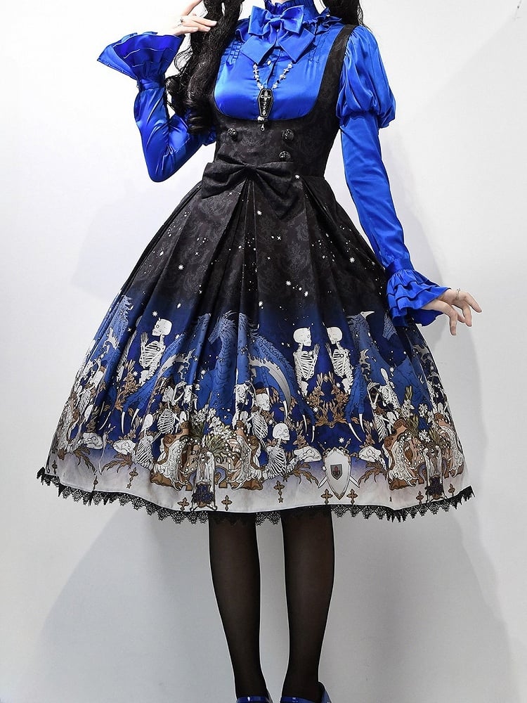 Blue Gothic Lolita and Under with Cross Bust Dress Black Lace Print Trim Skeleton